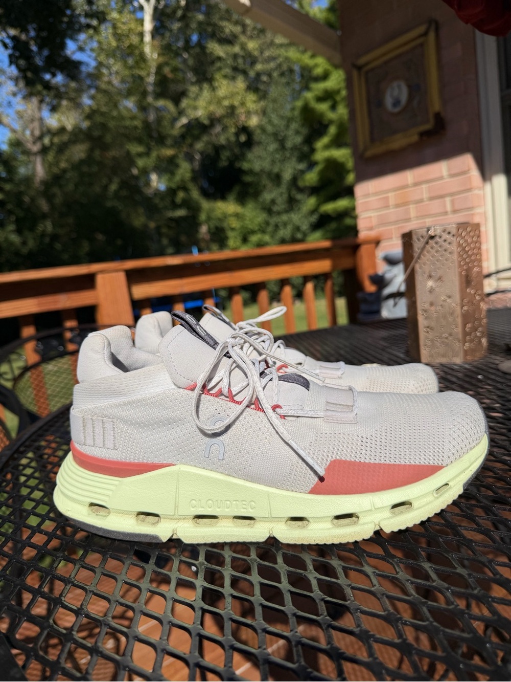 On Running womens Athletic Shoes in Light Gray with Coral and Pale Yellow Sole